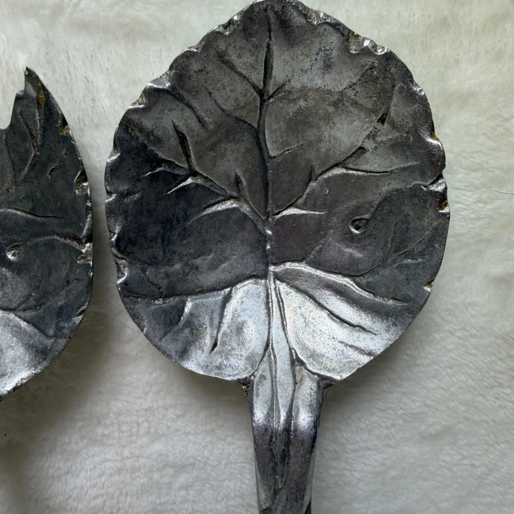 VTG Cast Metal Leaf Salad Serving Set Silver Tone Rustic Botanical Twig‎ Handle